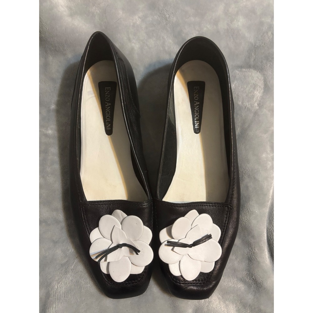 Enzo Angiolini Black Leather Square Toe Floral Applique Ballet Flats Size 9.5W